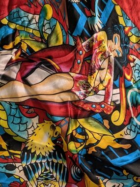 100% Silk Multicolor Graphic Silk Scarf with Red Fringe Very Large Edy Harveys